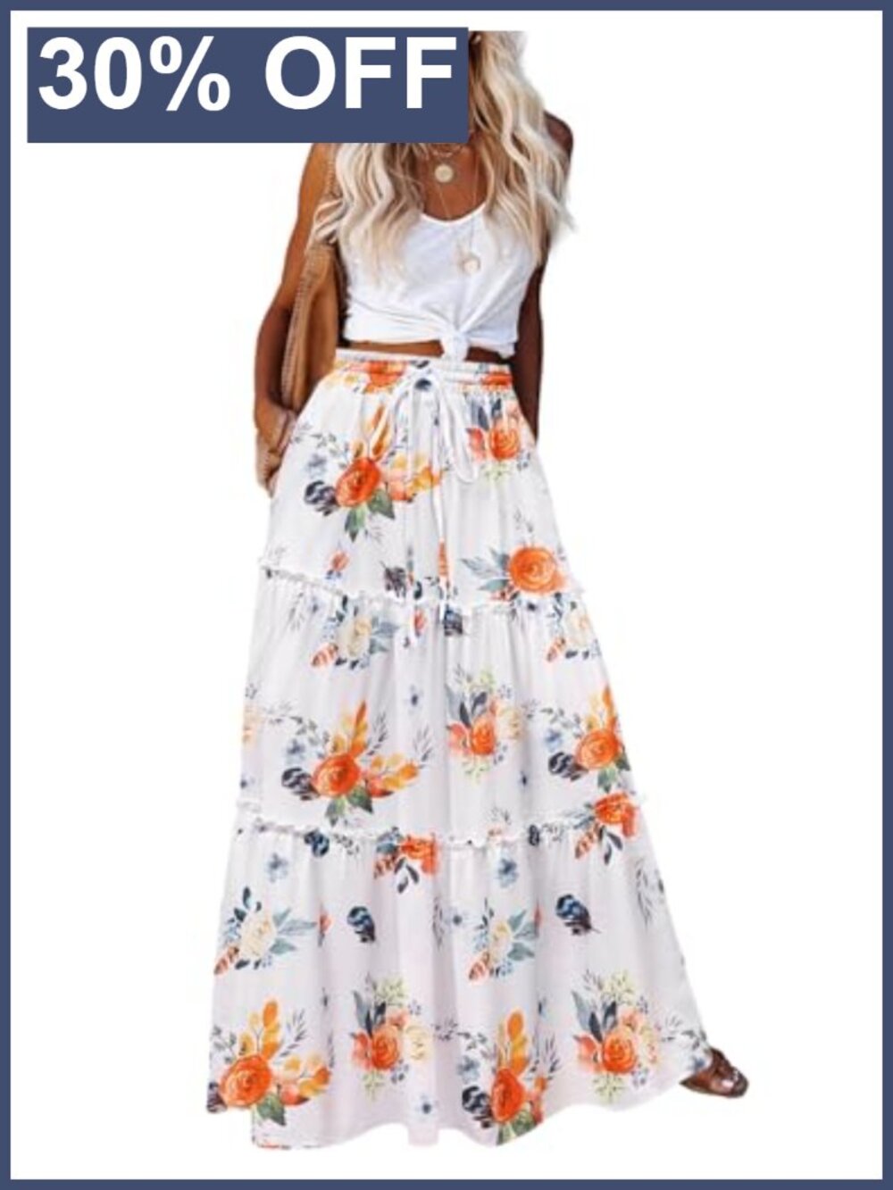 Womens High Waist Boho Maxi Skirt Floral Print Long Flowy A-Line with Pockets